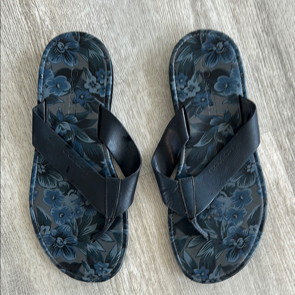 Coach Blue Leather Floral Sandals with Navy Straps